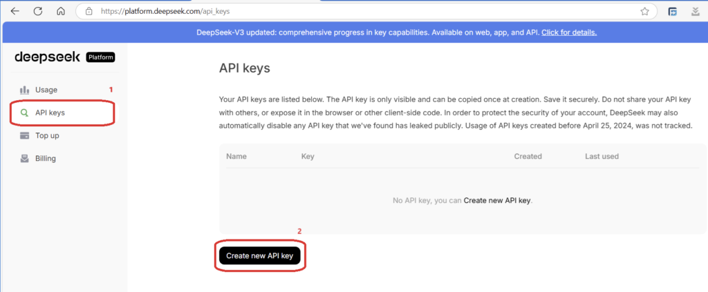 DeepSeek API keys page