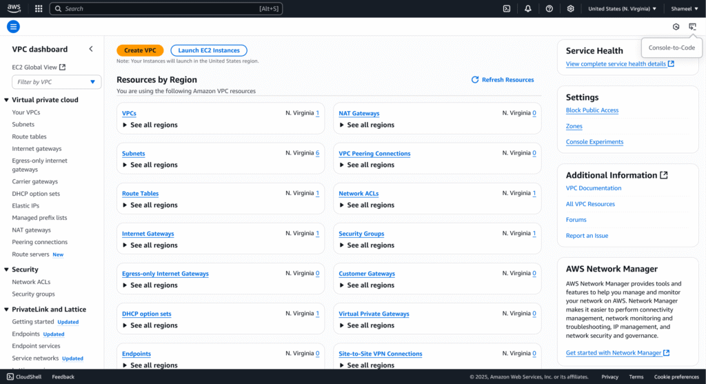 VPC Dashboard in AWS Console